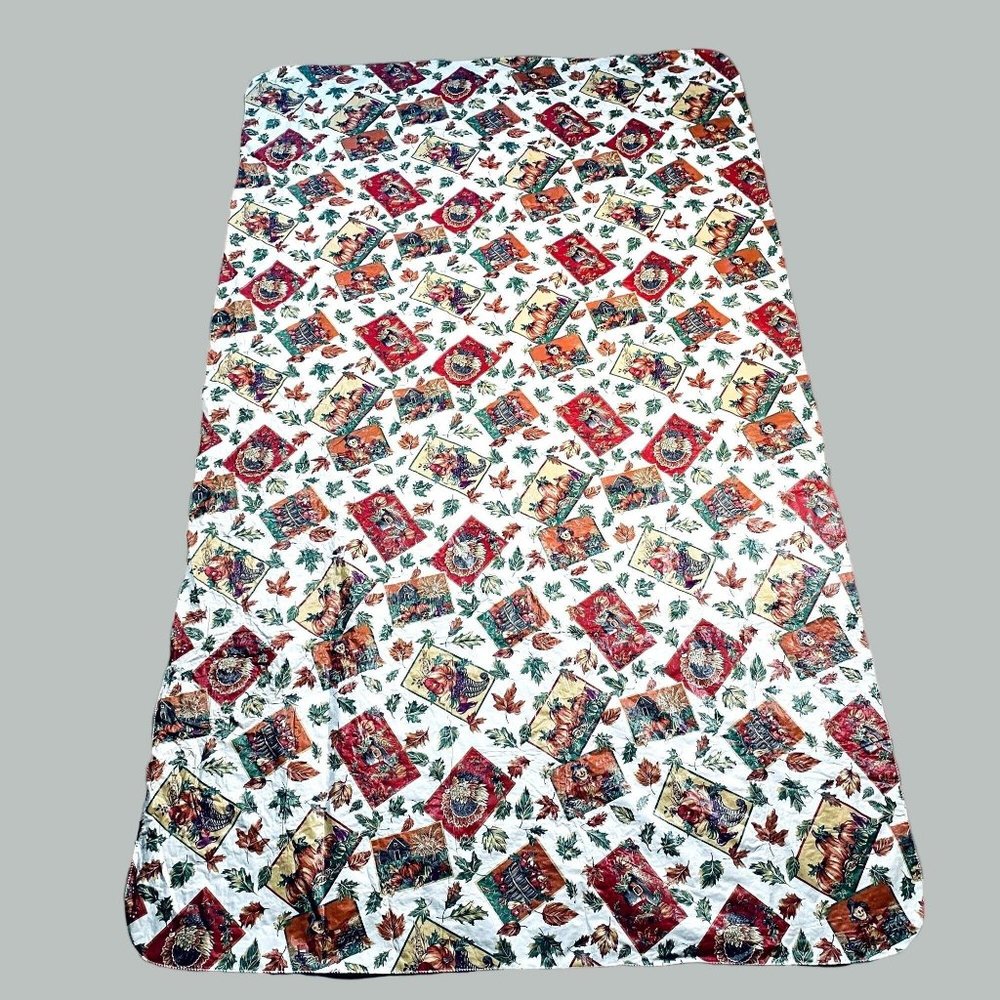 Vintage Vinyl Oblong Table Cover Tablecloth Fall Thanksgiving Turkey Scarecrow